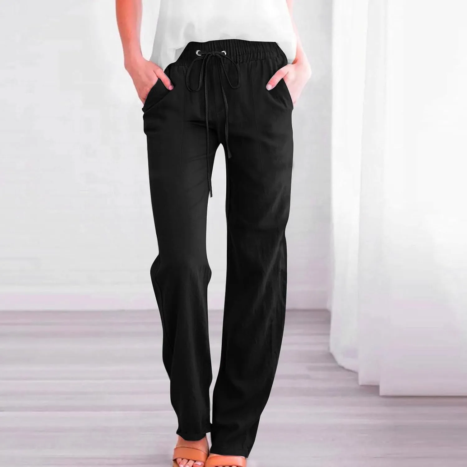 Summer Pants for Women 2025 Casual Drawstring High Waisted Palazzo Lounge Pants Beach Wide Leg Trousers with Pockets