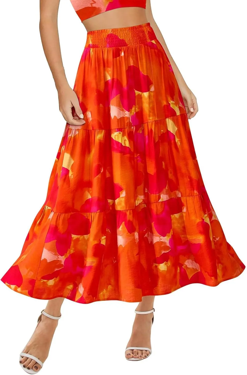 Summer Skirts for Women 2025 Loose Casual Trendy Elastic Waist Floral Print Boho Maxi Beach Skirt, S-2XL