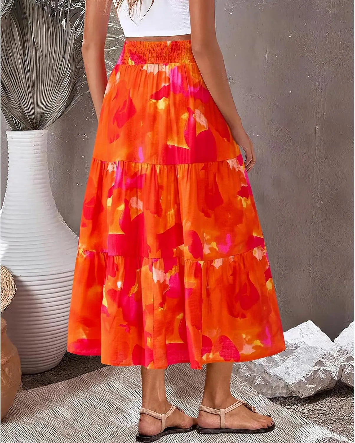 Summer Skirts for Women 2025 Loose Casual Trendy Elastic Waist Floral Print Boho Maxi Beach Skirt, S-2XL