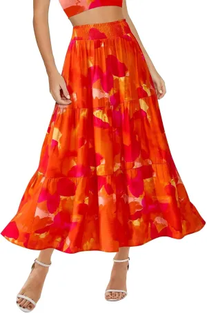 Summer Skirts for Women 2025 Loose Casual Trendy Elastic Waist Floral Print Boho Maxi Beach Skirt, S-2XL