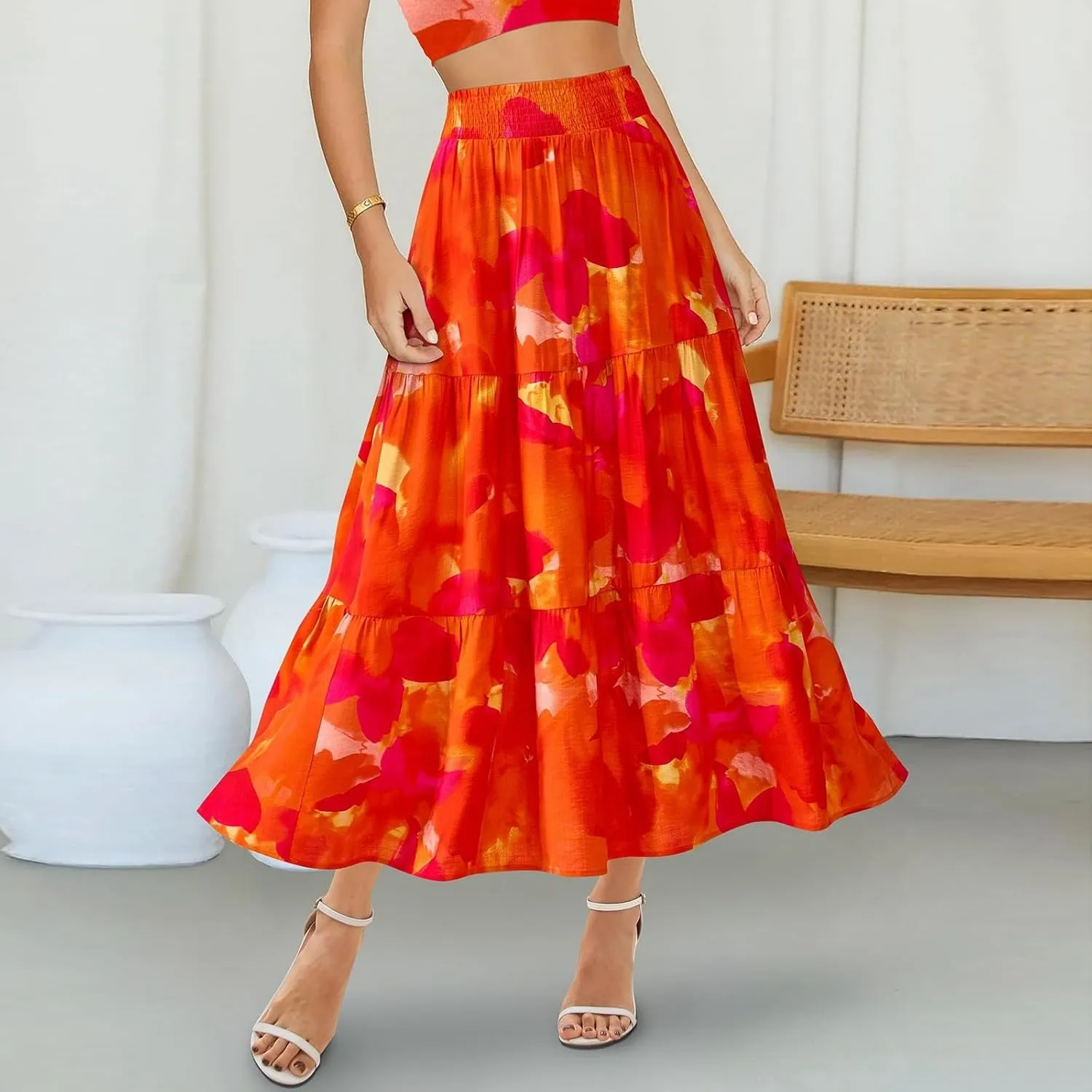 Summer Skirts for Women 2025 Loose Casual Trendy Elastic Waist Floral Print Boho Maxi Beach Skirt, S-2XL