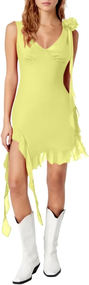 Summer V Neck Mini Dresses for Women 2025 Eyelet Sleeveless Sundresses Side Slit Mesh Irregular Ruffle Hem Tank Dress