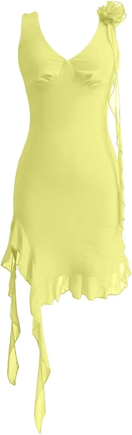 Summer V Neck Mini Dresses for Women 2025 Eyelet Sleeveless Sundresses Side Slit Mesh Irregular Ruffle Hem Tank Dress