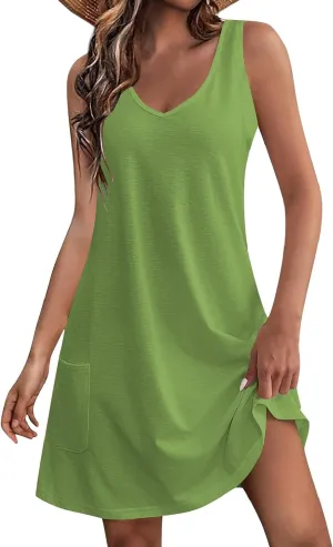 Sun Dresses for Women 2024 Sundress with Pockets Boho Beach Dress Floral T-Shirts Dress V Neck Loose Tank Dresses