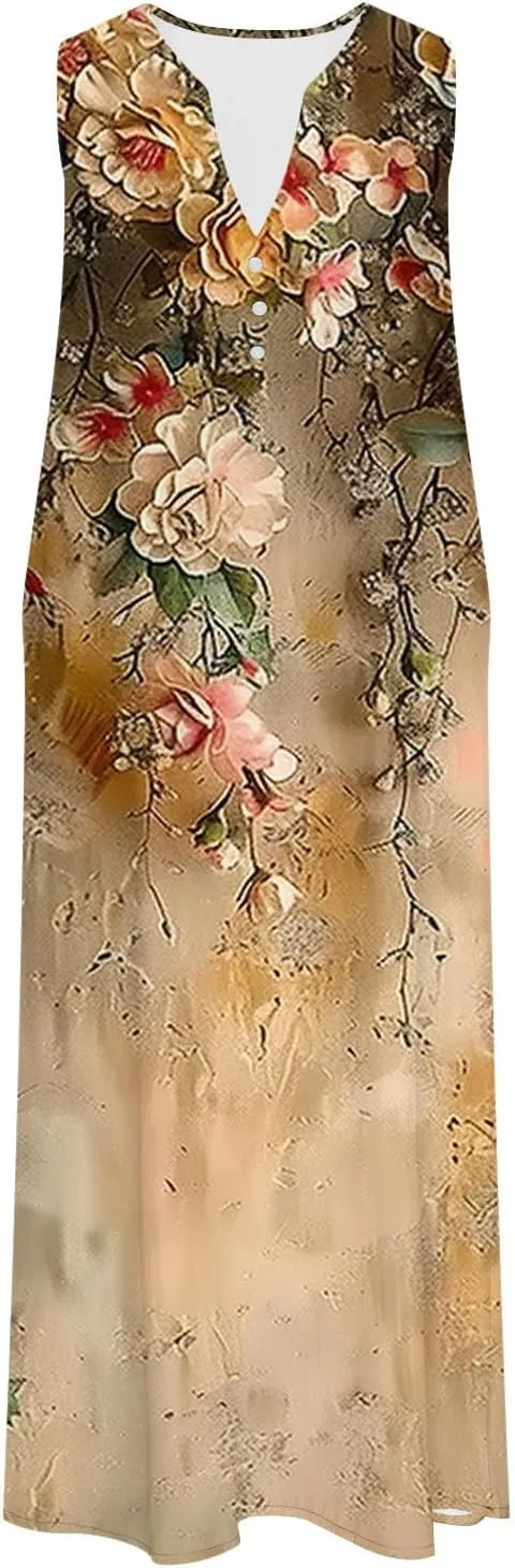 Sun Dresses for Women 2025 Vacation Plus Size Casual Sleeveless Cotton Linen Boho Flowers Print Flowy Dress