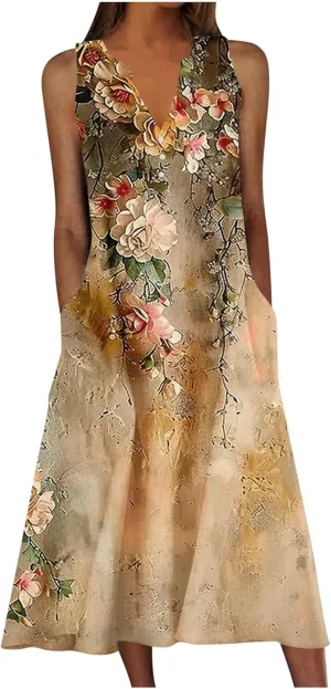 Sun Dresses for Women 2025 Vacation Plus Size Casual Sleeveless Cotton Linen Boho Flowers Print Flowy Dress