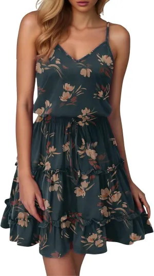 Sundresses for Women 2025 Summer V-Neck Spaghetti Strap Waist Tie Mini Dresses Tiered Ruffle Flowy Cute Skater Dress