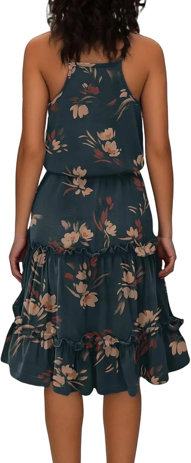 Sundresses for Women 2025 Summer V-Neck Spaghetti Strap Waist Tie Mini Dresses Tiered Ruffle Flowy Cute Skater Dress