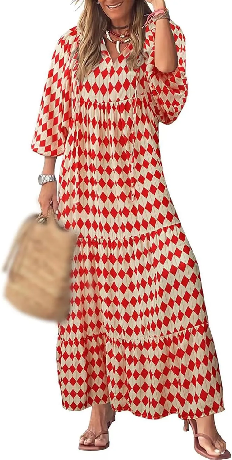 Sundresses for Women Boho Puff Sleeve V Neck Maxi Dress Loose Fit Casual Dresses Plus Size Fashion Trendy Dress 2025