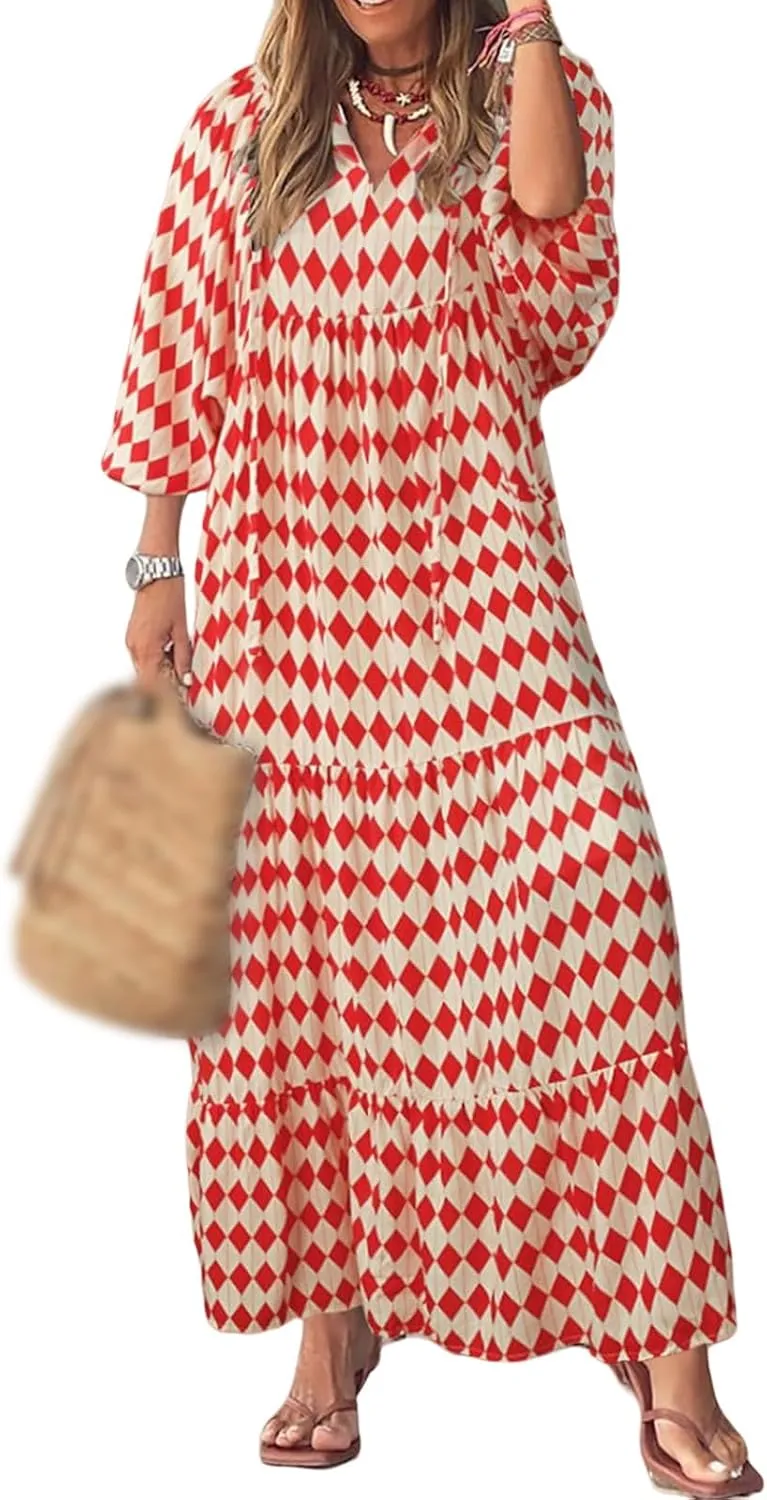 Sundresses for Women Boho Puff Sleeve V Neck Maxi Dress Loose Fit Casual Dresses Plus Size Fashion Trendy Dress 2025