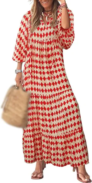 Sundresses for Women Boho Puff Sleeve V Neck Maxi Dress Loose Fit Casual Dresses Plus Size Fashion Trendy Dress 2025