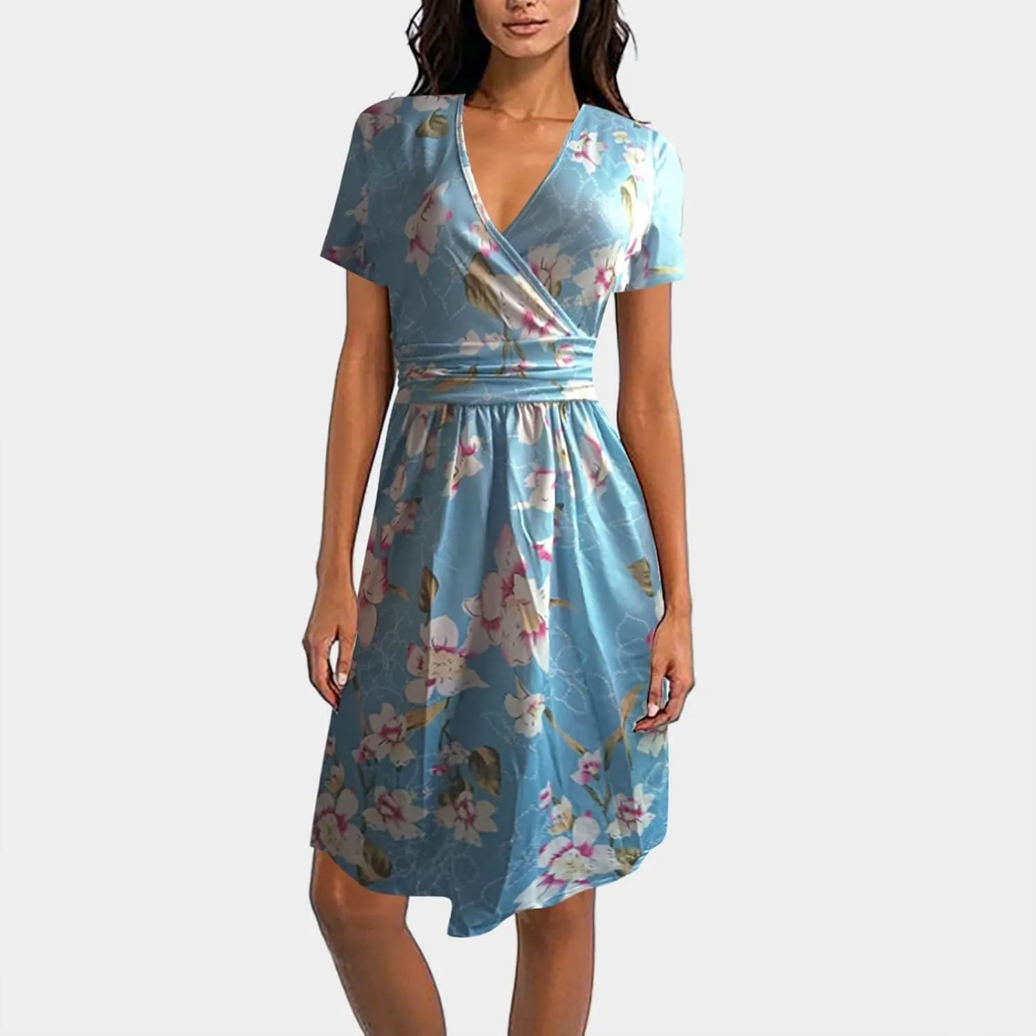 Sundresses for Women Short Sleeve Casual Knee Length Dress V Neck Summer Vacation Floral Party Dresses with Pockets