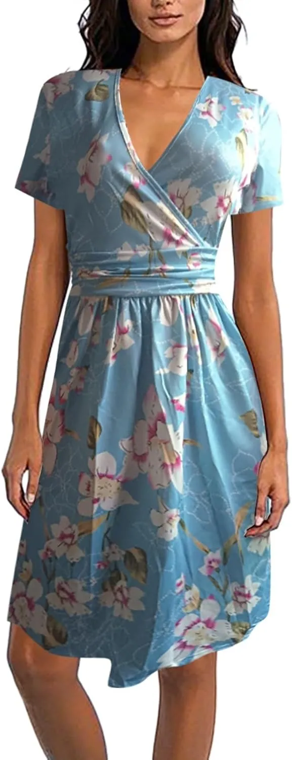 Sundresses for Women Short Sleeve Casual Knee Length Dress V Neck Summer Vacation Floral Party Dresses with Pockets