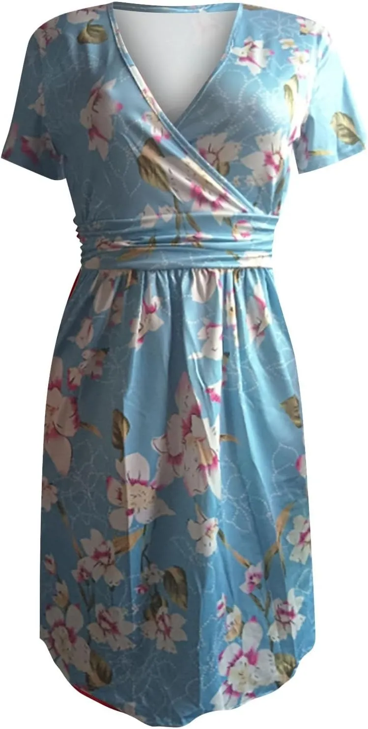 Sundresses for Women Short Sleeve Casual Knee Length Dress V Neck Summer Vacation Floral Party Dresses with Pockets