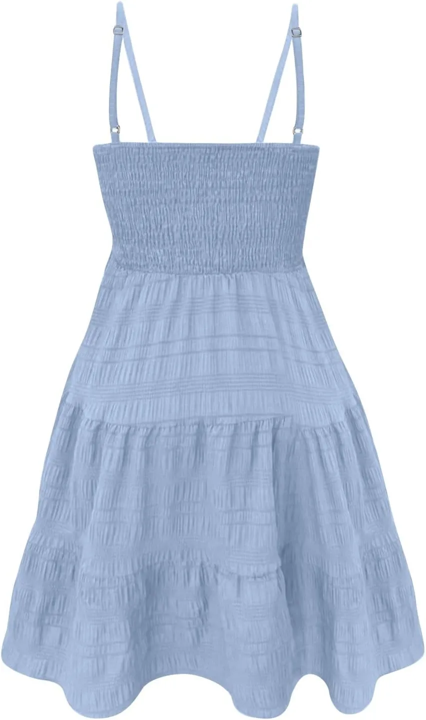 Sundresses for Women Smocked Spaghetti Strap Square Neck Mini Babydoll Dress Casual Summer Flowy Tiered Ruffle Dress
