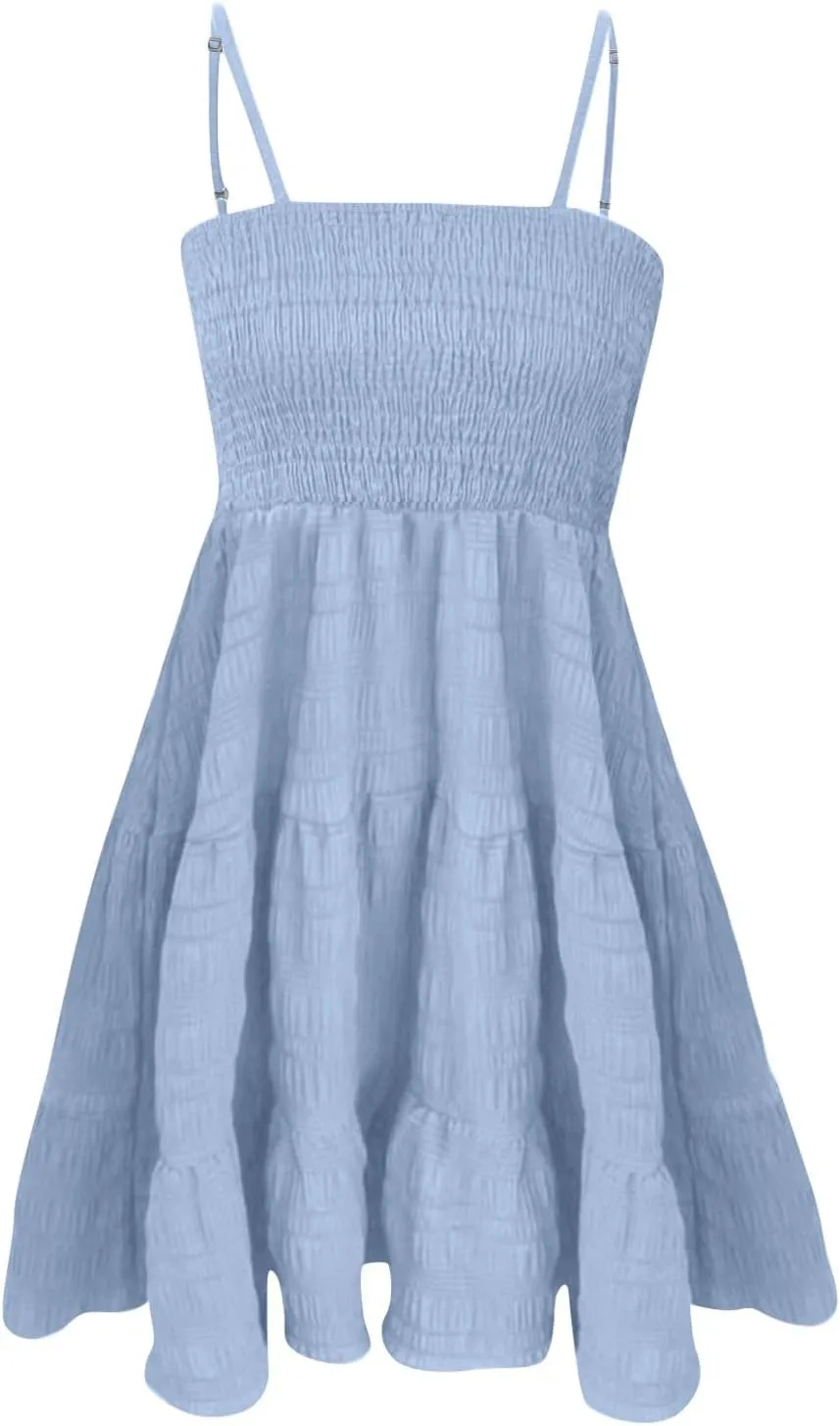 Sundresses for Women Smocked Spaghetti Strap Square Neck Mini Babydoll Dress Casual Summer Flowy Tiered Ruffle Dress