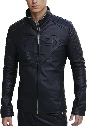 Superhero Tom Welling Costume S Logo Black Quilted Biker Leather Jacket