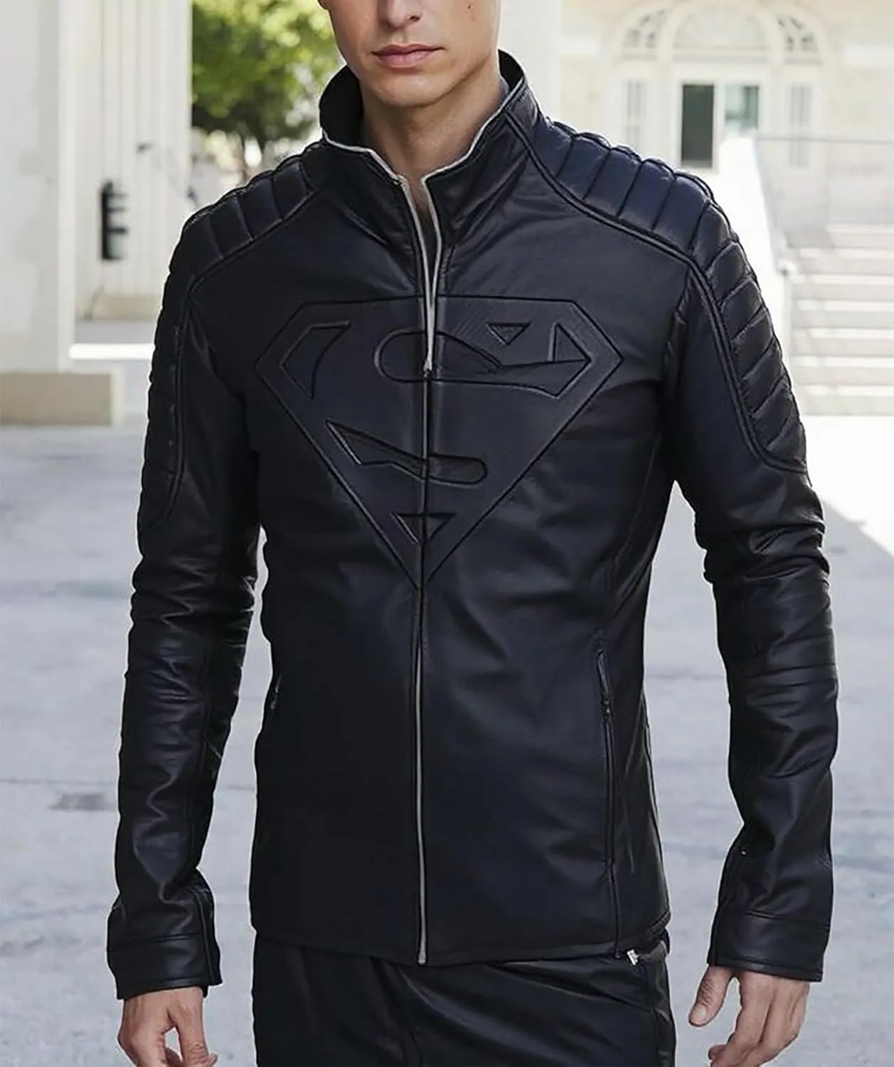 Superhero Tom Welling Costume S Logo Black Quilted Biker Leather Jacket
