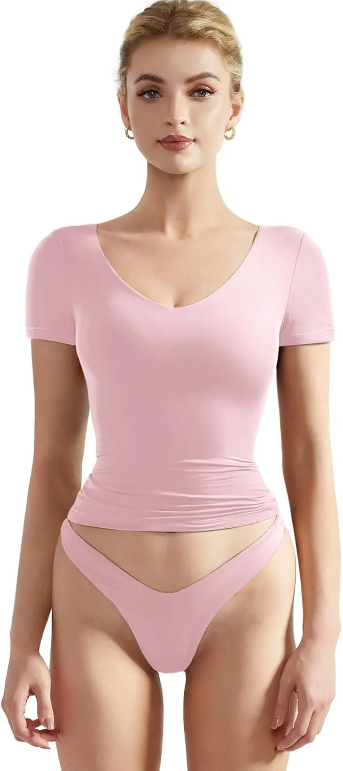 SUUKSESS Women Double Lined Fitted Basic Tee Sexy V Neck Short Sleeve Y2K Crop Top
