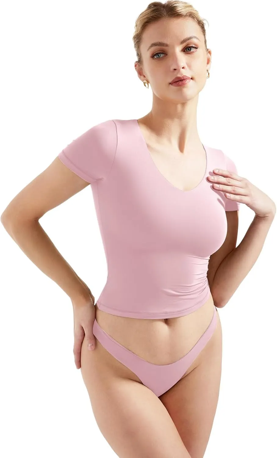 SUUKSESS Women Double Lined Fitted Basic Tee Sexy V Neck Short Sleeve Y2K Crop Top