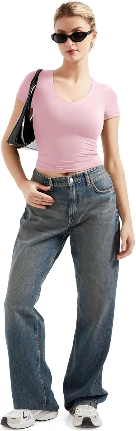 SUUKSESS Women Double Lined Fitted Basic Tee Sexy V Neck Short Sleeve Y2K Crop Top