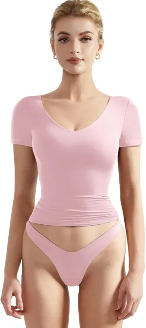SUUKSESS Women Double Lined Fitted Basic Tee Sexy V Neck Short Sleeve Y2K Crop Top