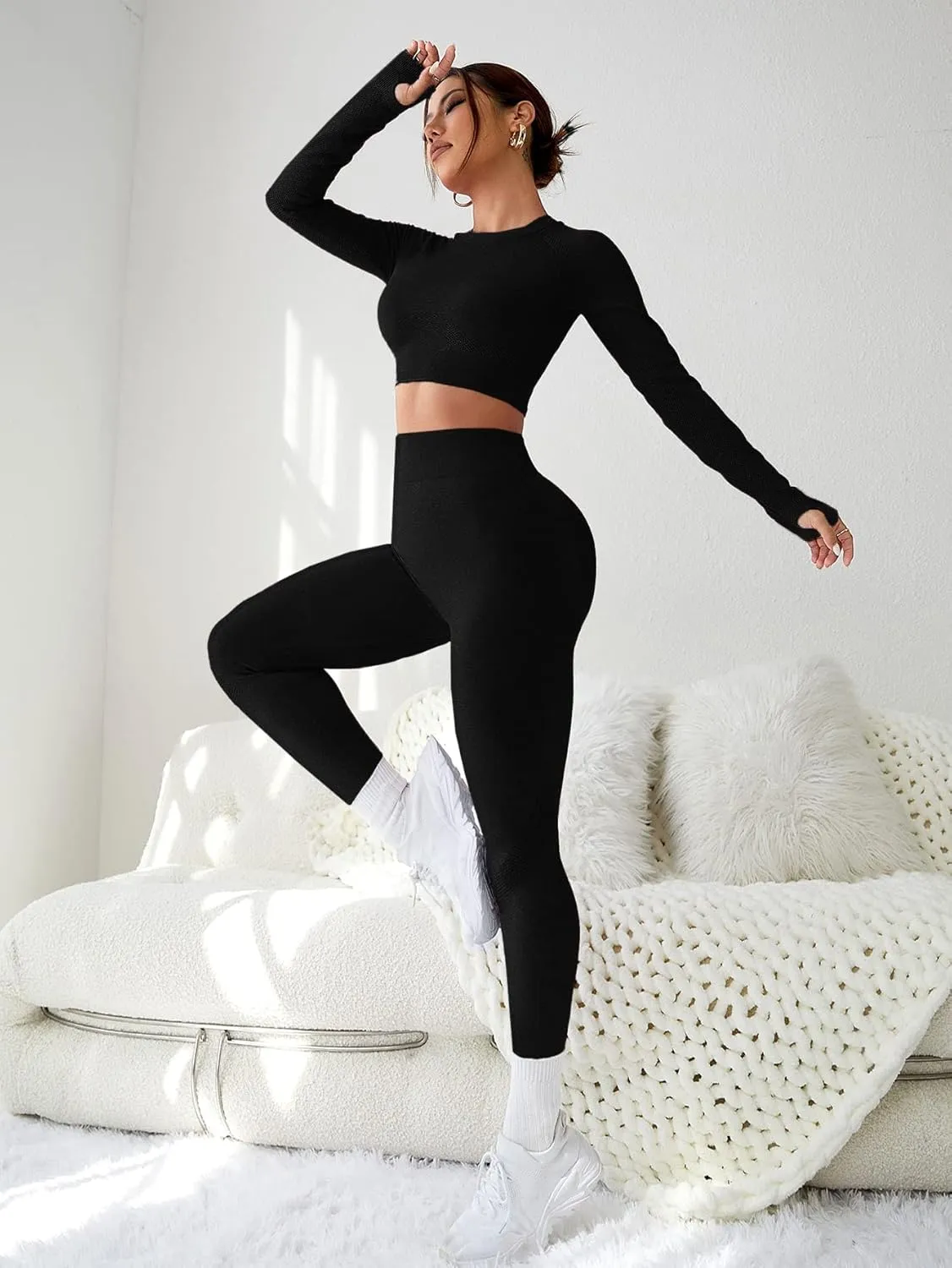 SweatyRocks Women's 2 Piece Sports Outfit Solid Cut Out Back Long Sleeve Crop Top and Leggings Set Activewear