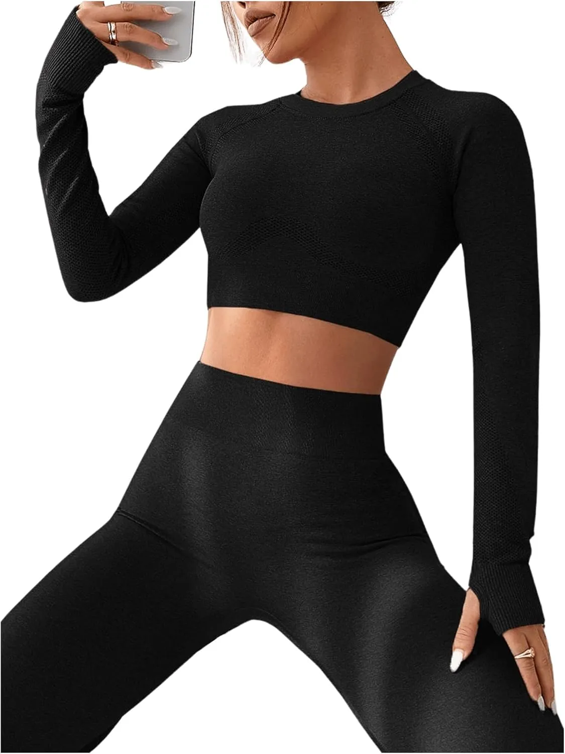 SweatyRocks Women's 2 Piece Sports Outfit Solid Cut Out Back Long Sleeve Crop Top and Leggings Set Activewear