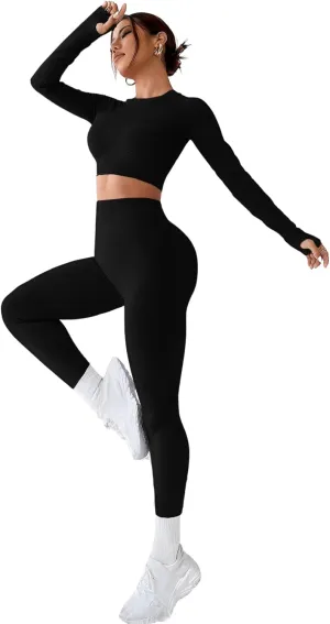 SweatyRocks Women's 2 Piece Sports Outfit Solid Cut Out Back Long Sleeve Crop Top and Leggings Set Activewear