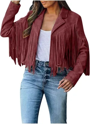 TANGNADE Casual Faux Leather Jacket Women Motorcycle Jacket Long Sleeve Lapel Fringe Cropped Jacket Tassel Suede Coat