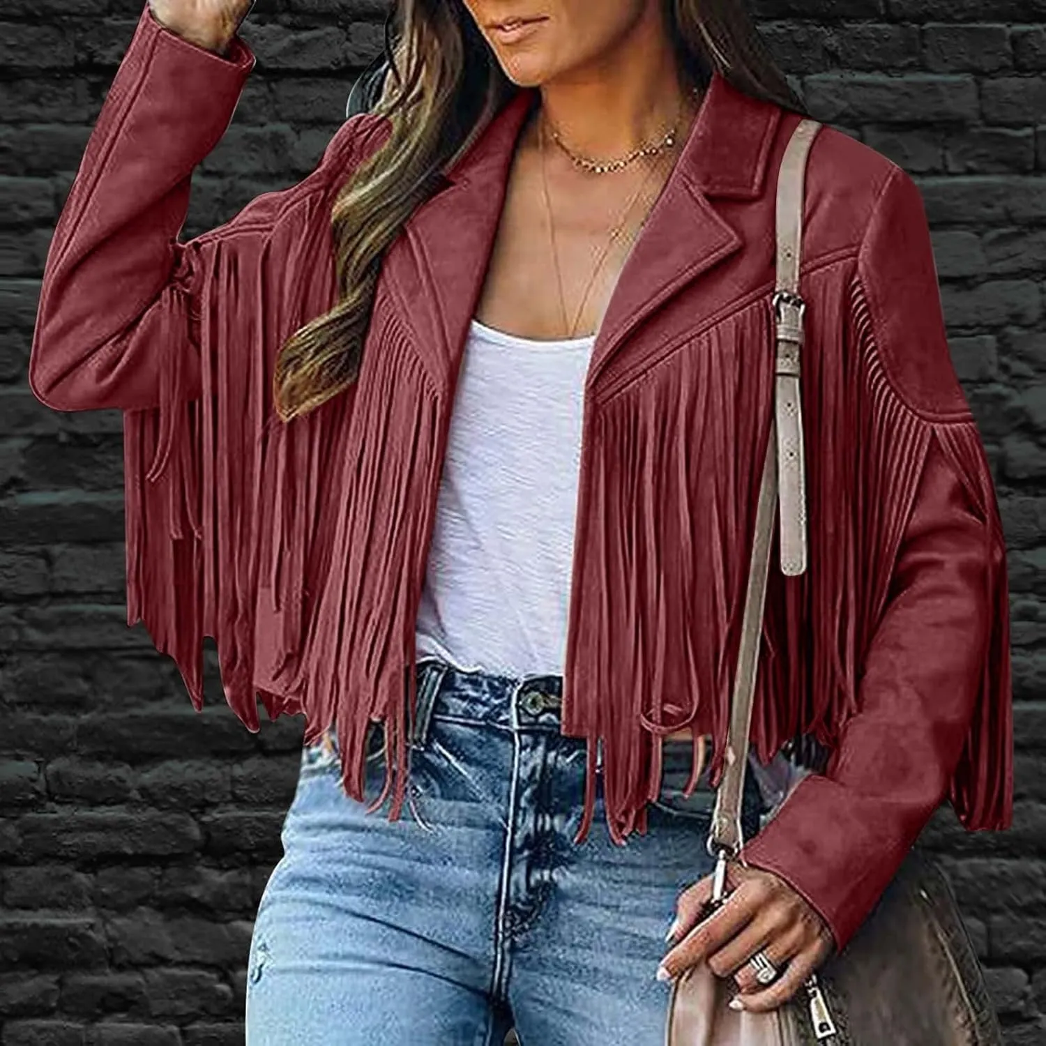 TANGNADE Casual Faux Leather Jacket Women Motorcycle Jacket Long Sleeve Lapel Fringe Cropped Jacket Tassel Suede Coat