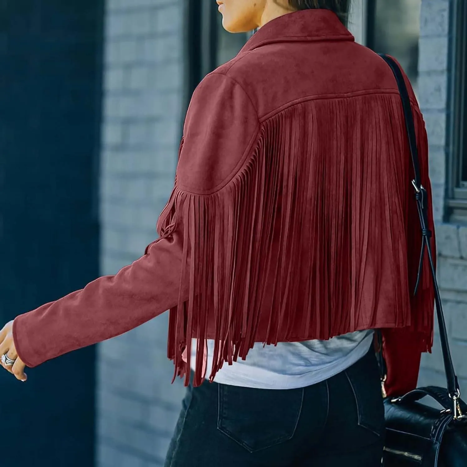 TANGNADE Casual Faux Leather Jacket Women Motorcycle Jacket Long Sleeve Lapel Fringe Cropped Jacket Tassel Suede Coat