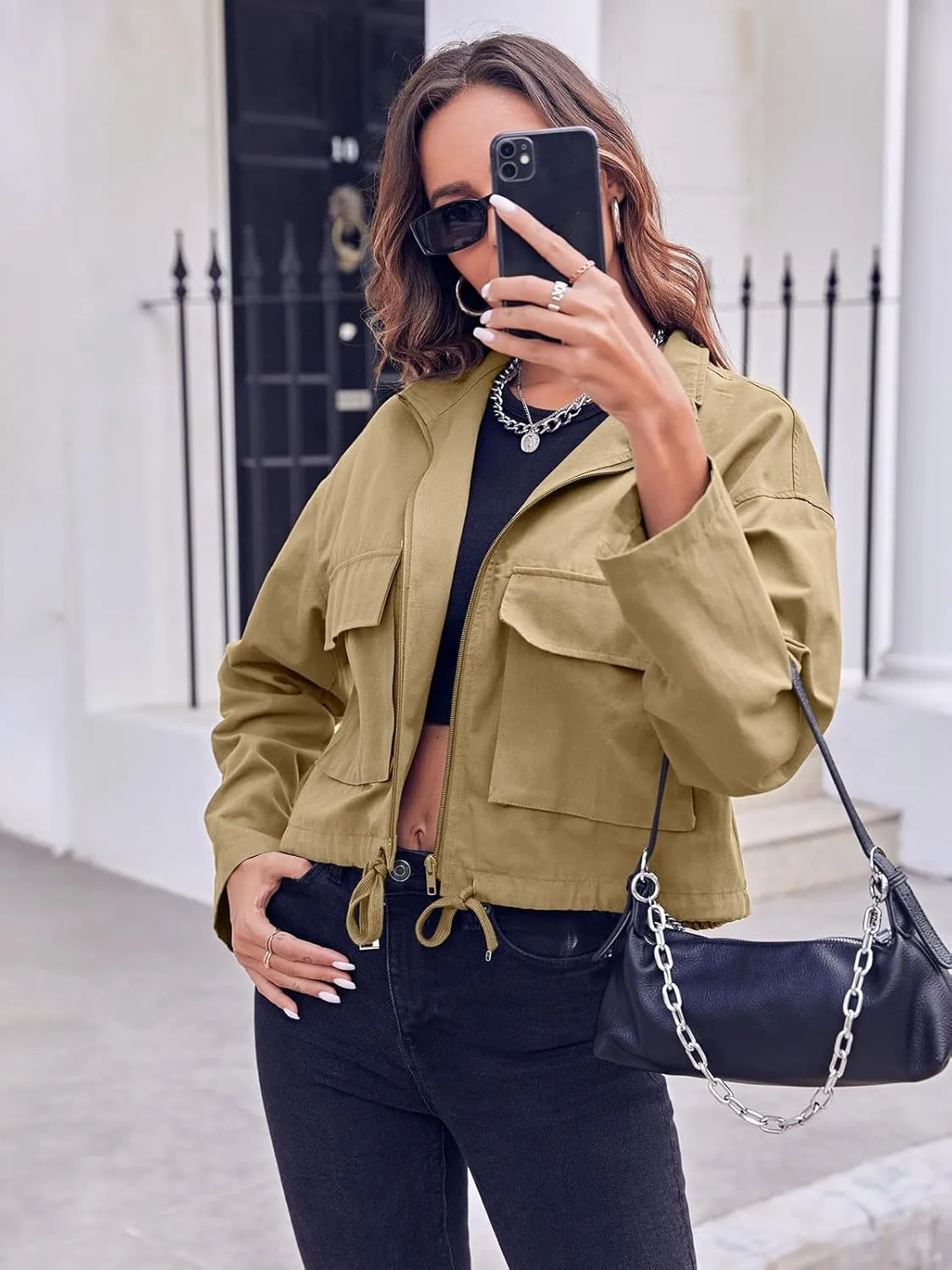 Tankaneo Women Casual Cropped Jackets Zip Up Lightweight Military Safari Short Utility Coat with Pockets