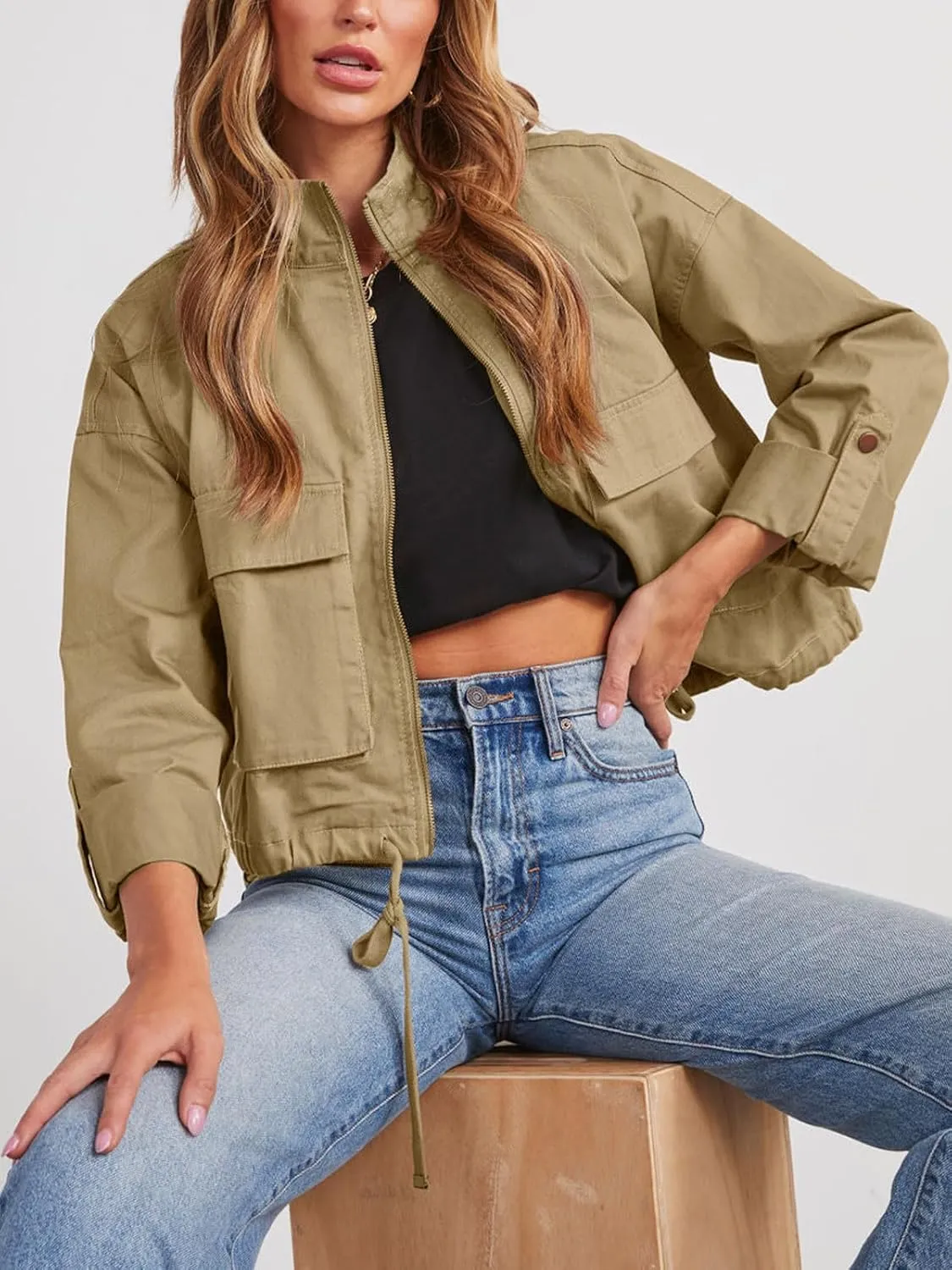 Tankaneo Women Casual Cropped Jackets Zip Up Lightweight Military Safari Short Utility Coat with Pockets