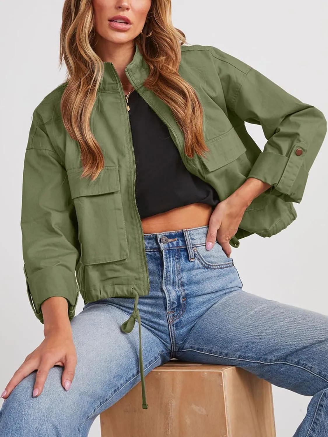 Tankaneo Women Casual Cropped Jackets Zip Up Lightweight Military Safari Short Utility Coat with Pockets