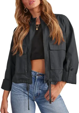 Tankaneo Women Casual Cropped Jackets Zip Up Lightweight Military Safari Short Utility Coat with Pockets