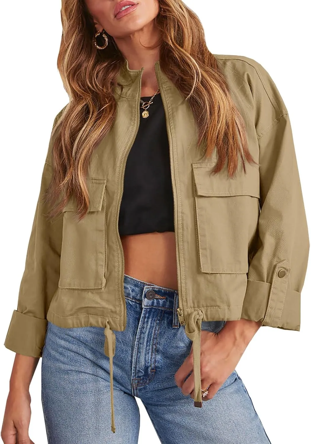Tankaneo Women Casual Cropped Jackets Zip Up Lightweight Military Safari Short Utility Coat with Pockets