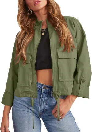 Tankaneo Women Casual Cropped Jackets Zip Up Lightweight Military Safari Short Utility Coat with Pockets