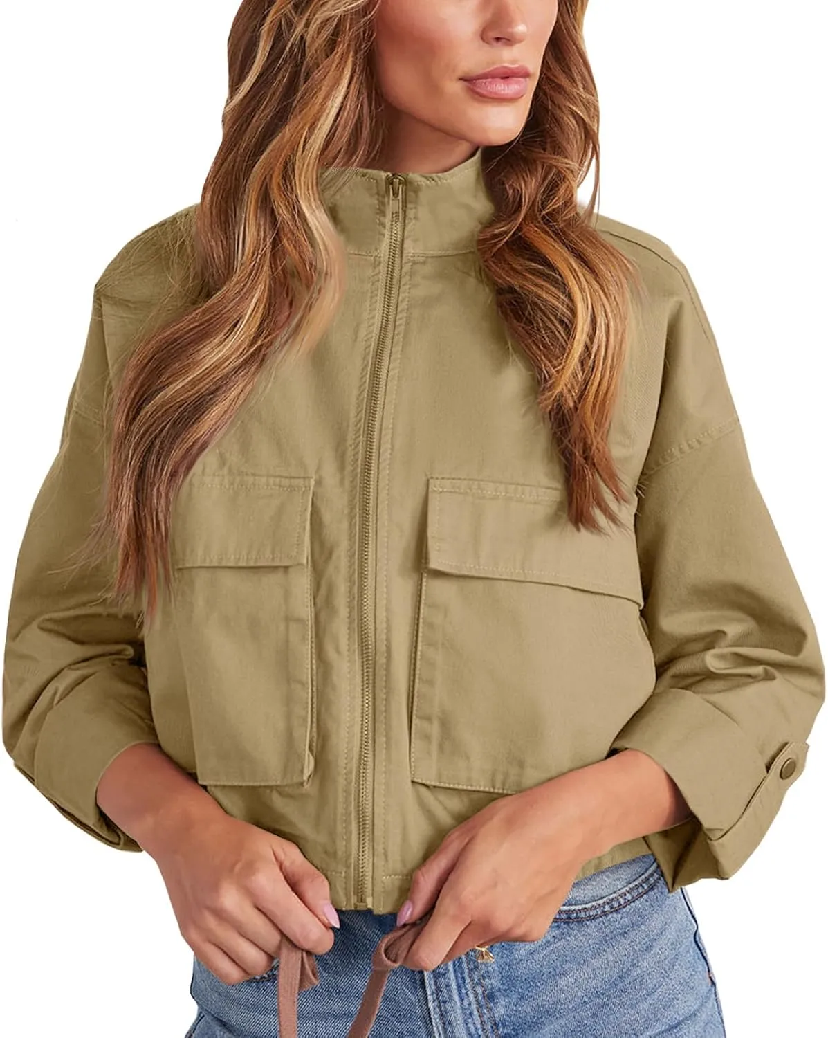 Tankaneo Women Casual Cropped Jackets Zip Up Lightweight Military Safari Short Utility Coat with Pockets