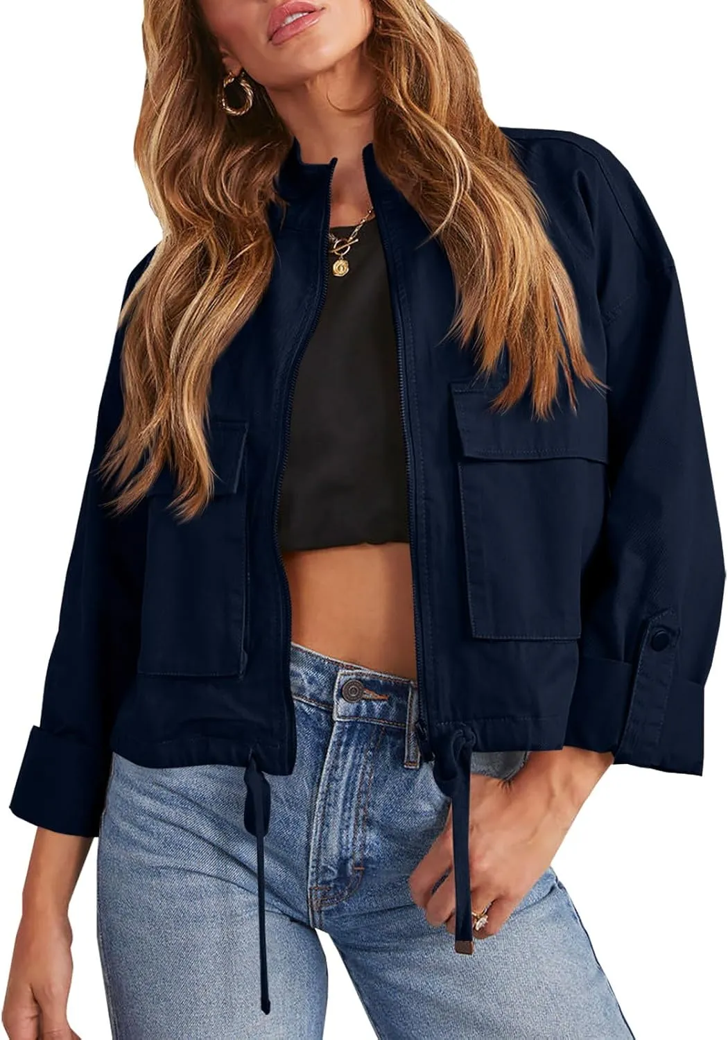 Tankaneo Women Casual Cropped Jackets Zip Up Lightweight Military Safari Short Utility Coat with Pockets
