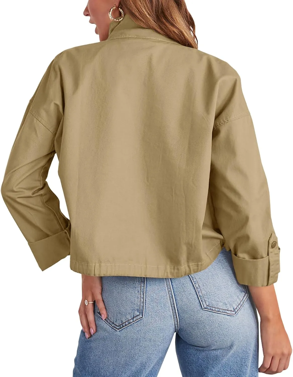 Tankaneo Women Casual Cropped Jackets Zip Up Lightweight Military Safari Short Utility Coat with Pockets