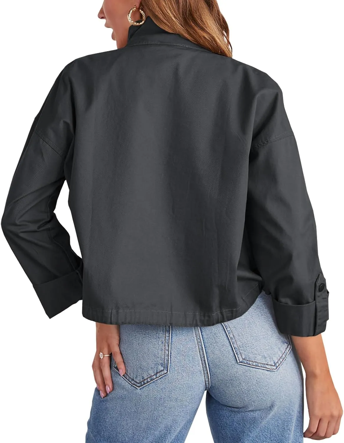 Tankaneo Women Casual Cropped Jackets Zip Up Lightweight Military Safari Short Utility Coat with Pockets