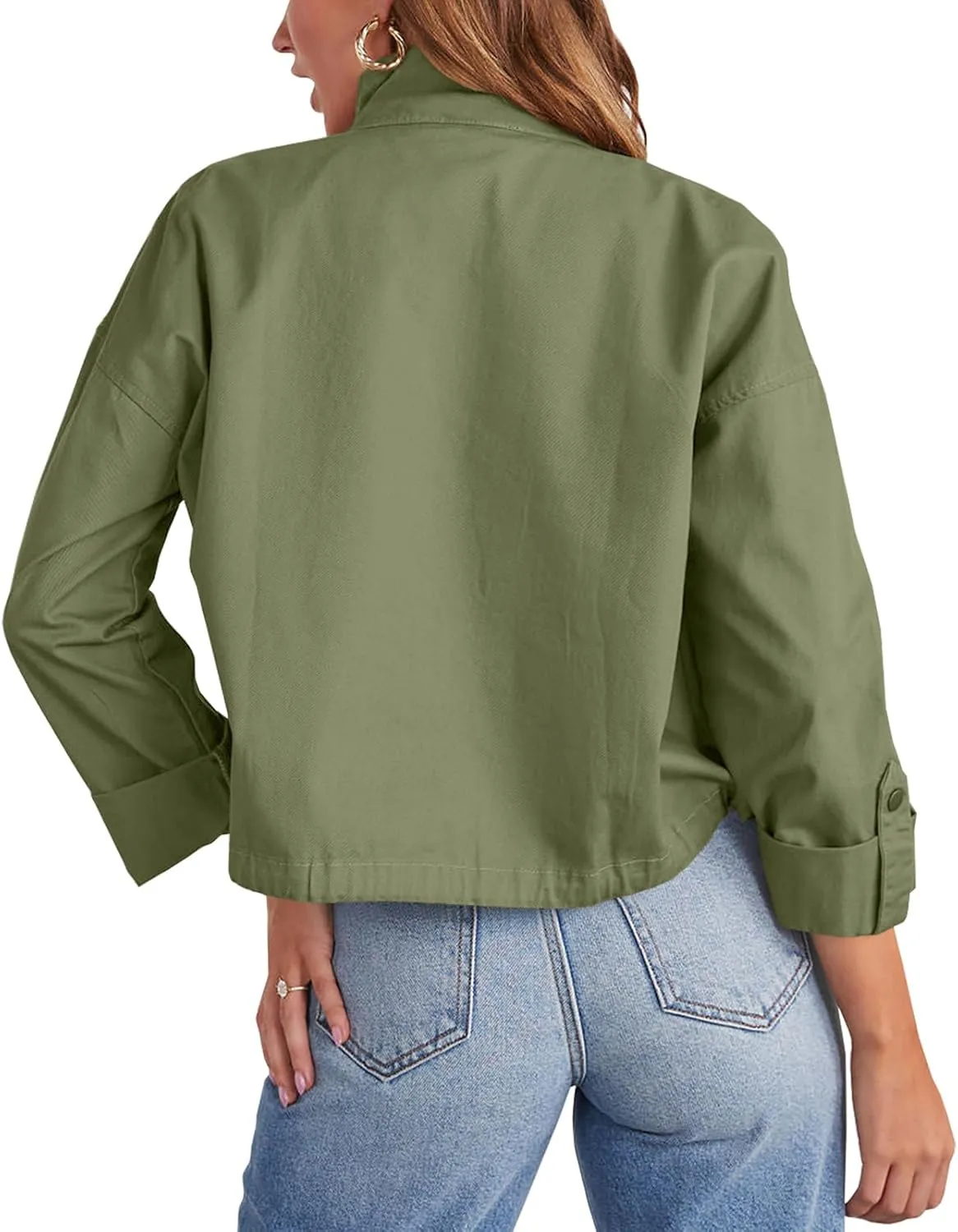 Tankaneo Women Casual Cropped Jackets Zip Up Lightweight Military Safari Short Utility Coat with Pockets