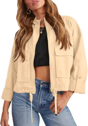 Tankaneo Women Casual Cropped Jackets Zip Up Lightweight Military Safari Short Utility Coat with Pockets