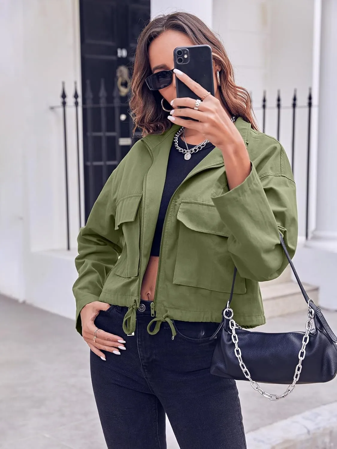 Tankaneo Women Casual Cropped Jackets Zip Up Lightweight Military Safari Short Utility Coat with Pockets