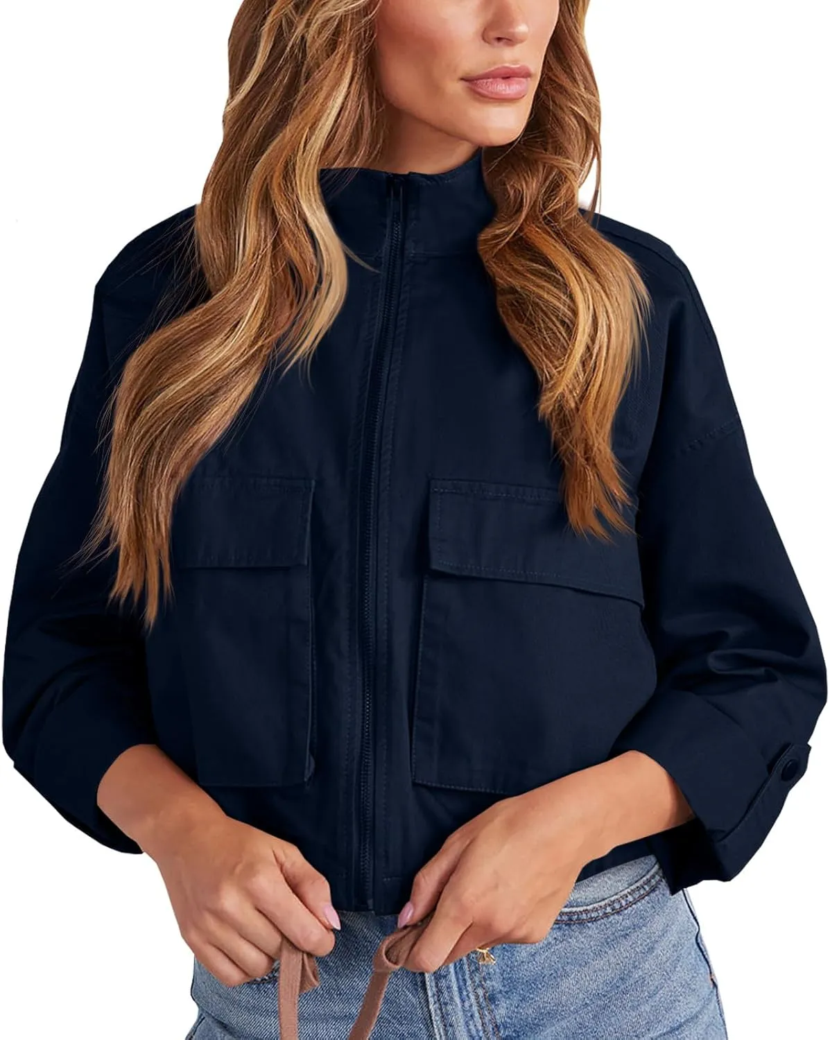 Tankaneo Women Casual Cropped Jackets Zip Up Lightweight Military Safari Short Utility Coat with Pockets