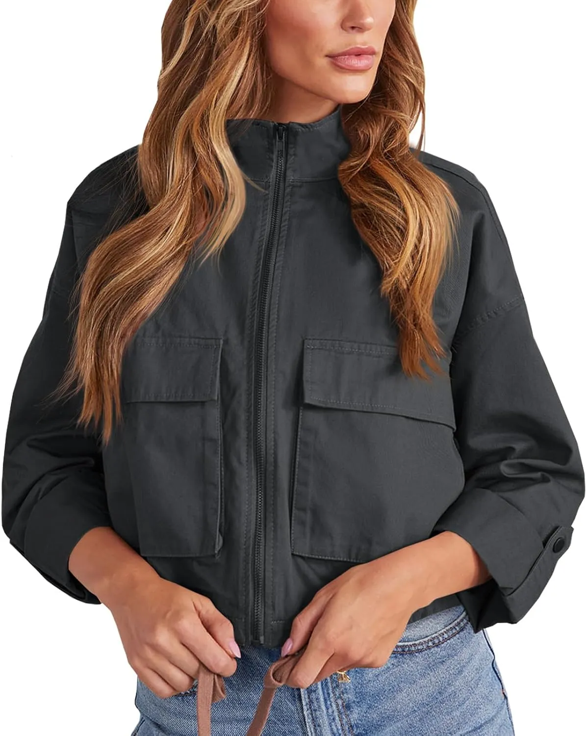 Tankaneo Women Casual Cropped Jackets Zip Up Lightweight Military Safari Short Utility Coat with Pockets