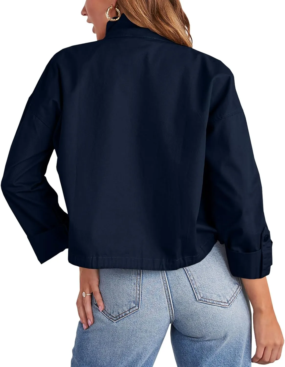 Tankaneo Women Casual Cropped Jackets Zip Up Lightweight Military Safari Short Utility Coat with Pockets
