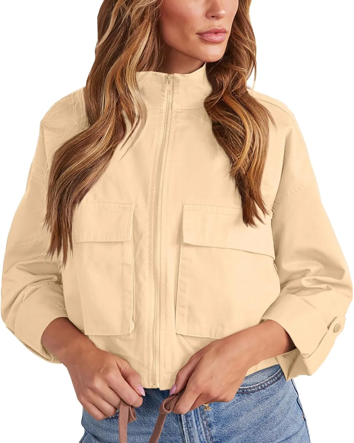 Tankaneo Women Casual Cropped Jackets Zip Up Lightweight Military Safari Short Utility Coat with Pockets