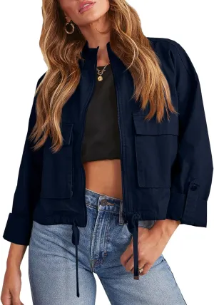 Tankaneo Women Casual Cropped Jackets Zip Up Lightweight Military Safari Short Utility Coat with Pockets